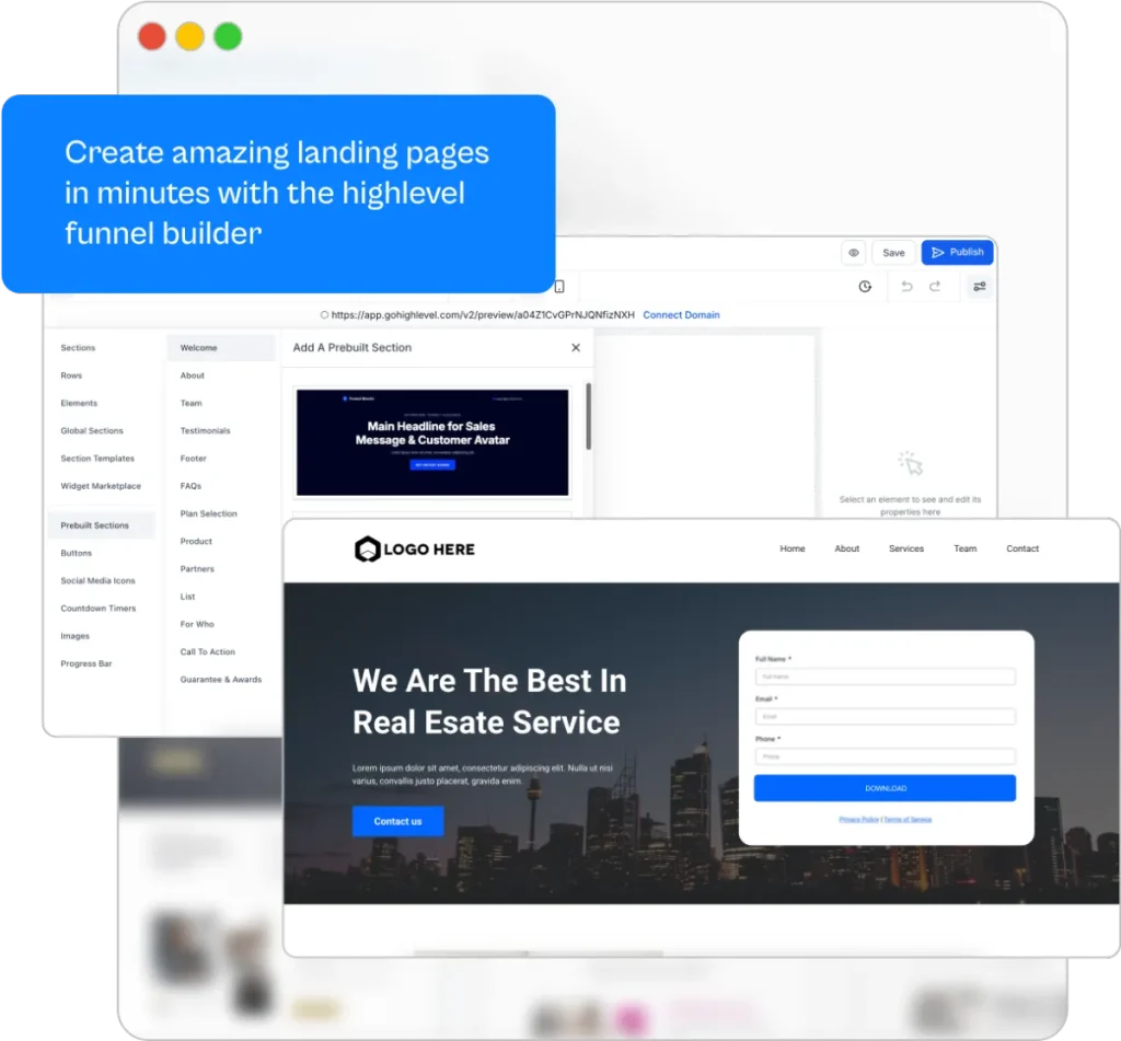 GoHighLevel's website builder interface showing drag-and-drop editing and template selection options for creating professional landing pages